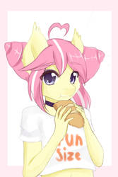 Size: 1200x1800 | Tagged: safe, artist:sukoi, oc, oc only, oc:sunset sorbet, anthro, anthro oc, bread, clothes, eating, female, food, looking at you, shirt, solo