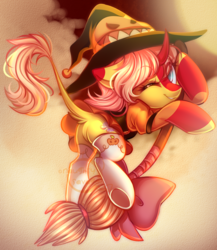 Size: 672x775 | Tagged: safe, artist:cabbage-arts, oc, oc only, oc:harmony harp, pony, broom, commission, commissioner:harmony harp, flying, flying broomstick, hat, solo, witch, ych result