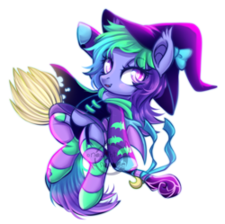 Size: 800x798 | Tagged: safe, artist:cabbage-arts, oc, oc only, oc:rainbow sherbet, bat pony, pony, bat pony oc, broom, commission, commissioner:prplepsychopath, female, flying, flying broomstick, hat, mare, simple background, solo, transparent background, witch, ych result