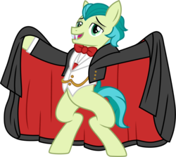 Size: 1123x1000 | Tagged: safe, artist:cloudy glow, idw, sandbar, earth pony, pony, g4, spoiler:comic, spoiler:comic71, bowtie, cape, chains, clothes, costume, cummerbund, dracula, idw showified, male, simple background, smiling, solo, teenager, transparent background, tuxedo, waistcoat
