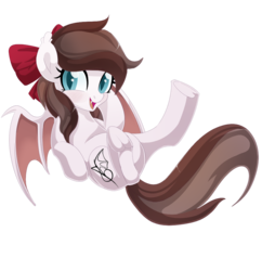 Size: 1000x1032 | Tagged: safe, artist:xsidera, oc, oc only, oc:aurelleah, oc:aurry, bat pony, pony, bow, clothes, colored wings, commission, cute, hair bow, on back, simple background, smiling, solo, transparent background