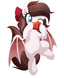 Size: 999x1210 | Tagged: safe, artist:xsidera, oc, oc only, oc:aurelleah, oc:aurry, bat pony, pony, biting, bow, clothes, colored wings, commission, cute, eating, fluffy mane, food, hair bow, happy, mango, nom, one eye closed, simple background, solo, transparent background