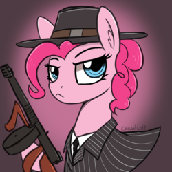 Size: 600x600 | Tagged: safe, artist:casualcolt, pinkie pie, earth pony, pony, g4, female, hat, looking at you, mare, mobster, solo, tommy gun