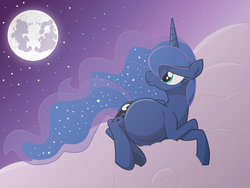 Size: 13200x9900 | Tagged: safe, artist:xniclord789x, princess luna, alicorn, pony, g4, absurd resolution, belly, big belly, cloud, cute, ethereal mane, female, looking back, lunabetes, mare, moon, night, night sky, outie belly button, pregluna, pregnant, sky, smiling, solo, starry mane