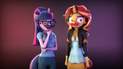 Size: 3840x2160 | Tagged: safe, artist:0ndshok, artist:imafutureguitarhero, sci-twi, sunset shimmer, twilight sparkle, human, unicorn, anthro, equestria girls, g4, 2d to 3d, 3d, adaptation, chromatic aberration, clothes, dress, duo, eyes closed, facial hair, female, film grain, floppy ears, freckles, glasses, gradient background, high res, hilarious in hindsight, horn, jacket, leather jacket, lesbian, mare, moustache, multicolored hair, multicolored tail, nose wrinkle, open mouth, peppered bacon, raised eyebrow, recursive fanart, ship:sci-twishimmer, ship:sunsetsparkle, shipping, shirt, source filmmaker, wallpaper