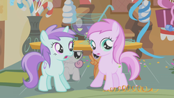 Size: 1280x720 | Tagged: safe, screencap, liza doolots, petunia, piña colada, scootaloo, sweetie belle, tootsie flute, call of the cutie, g4, ladle, piña cutelada, punch (drink), punch bowl, sugarcube corner, table