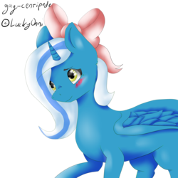 Size: 3500x3500 | Tagged: safe, artist:luckyonni, oc, oc only, oc:fleurbelle, alicorn, pony, alicorn oc, blushing, bow, commission, hair bow, high res, simple background, solo, transparent background
