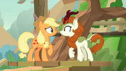 Size: 1920x1080 | Tagged: safe, screencap, applejack, autumn blaze, earth pony, kirin, pony, g4, season 8, sounds of silence, cloven hooves, cowboy hat, duo, female, forest, grin, hat, mare, mountain, raised hoof, sky, smiling, stare, tree