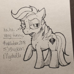 Size: 600x600 | Tagged: safe, artist:mychelle, scootaloo, pony, g4, female, inktober, monochrome, scootachicken, scootaloo is not amused, solo, traditional art, unamused