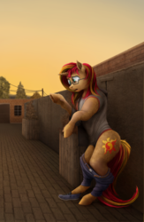 Size: 650x1000 | Tagged: safe, artist:geoffrey mcdermott, sunset shimmer, pony, unicorn, g4, belt, bipedal, bipedal leaning, clothes, denim, female, glasses, hooves, human to pony, jeans, leaning, mare, mid-transformation, pants, ringneck t-shirt, shirt, shoes, sneakers, standing, sunset, t-shirt, transformation, underhoof