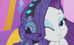 Size: 1161x720 | Tagged: safe, screencap, rarity, equestria girls, equestria girls series, g4, the other side, bare shoulders, beautiful, female, headphones, looking at you, one eye closed, wink