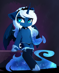 Size: 2000x2467 | Tagged: safe, artist:magnaluna, princess luna, alicorn, pony, zefiros codex, alternate design, bipedal, chest fluff, clothes, color porn, colored pupils, colored wings, colored wingtips, crown, curved horn, cute, cute little fangs, ear fluff, ethereal mane, fangs, female, floppy ears, horn, jewelry, leaning, leg fluff, looking sideways, lunabetes, mare, panties, regalia, shoes, socks, solo, spread wings, starry mane, thigh highs, underwear, wings