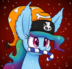 Size: 1280x1221 | Tagged: safe, artist:heir-of-rick, rainbow dash, windigo, miss pie's monsters, g4, aurora dash, bone, bust, candy, candy cane, christmas, ear fluff, female, food, gradient background, halloween, hat, holiday, impossibly large ears, mouth hold, santa hat, snow, snowfall, solo, species swap, windigofied