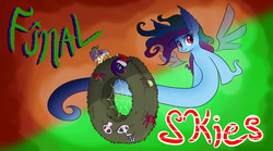 Size: 1280x711 | Tagged: safe, artist:heir-of-rick, fluttershy, rainbow dash, monster pony, original species, spider, spiderpony, windigo, miss pie's monsters, g4, aurora dash, candy, candy cane, christmas, christmas lights, christmas wreath, dialogue, duo, ear fluff, female, food, halloween, hat, holiday, impossibly large ears, nightmare night symbol, red nose, santa hat, singing, skull, species swap, spidershy, text, title card, windigofied, wreath
