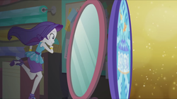 Size: 2560x1440 | Tagged: safe, screencap, rarity, equestria girls, g4, my little pony equestria girls: better together, the other side, female, mirror, rarity peplum dress, running, smiling