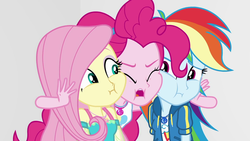 Size: 1920x1080 | Tagged: safe, screencap, fluttershy, pinkie pie, rainbow dash, equestria girls, equestria girls specials, g4, my little pony equestria girls: better together, my little pony equestria girls: rollercoaster of friendship, female, geode of fauna, geode of sugar bombs, geode of super speed, magical geodes, squishy cheeks