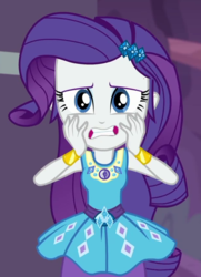 Size: 622x861 | Tagged: safe, screencap, rarity, equestria girls, equestria girls specials, g4, my little pony equestria girls: better together, my little pony equestria girls: rollercoaster of friendship, cropped, female, geode of shielding, rarity peplum dress, solo, stressed