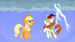 Size: 1920x1080 | Tagged: safe, screencap, applejack, autumn blaze, earth pony, kirin, pony, g4, season 8, sounds of silence, a kirin tale, cloven hooves, cowboy hat, duo, eyes closed, female, hat, lightning, looking up, mare, rain, simple background, singing, storm