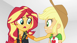 Size: 1920x1080 | Tagged: safe, screencap, applejack, sunset shimmer, equestria girls, equestria girls specials, g4, my little pony equestria girls: better together, my little pony equestria girls: rollercoaster of friendship, female, geode of empathy, geode of super strength