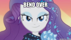 Size: 600x337 | Tagged: safe, edit, edited screencap, screencap, rarity, equestria girls, g4, my little pony equestria girls: better together, the other side, bedroom eyes, bend over, female, image macro, lidded eyes, meme, memeful.com, pauldron, smiling, solo, text