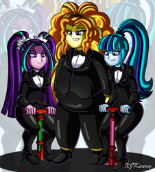 Size: 800x884 | Tagged: safe, artist:xjkenny, adagio dazzle, aria blaze, sonata dusk, equestria girls, g4, clothes, inflation, the dazzlings, tuxedo