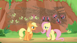 Size: 1920x1080 | Tagged: safe, screencap, applejack, fluttershy, spring glow, earth pony, kirin, nirik, pegasus, pony, g4, sounds of silence, drawing, fight, frown, kirin village, looking at each other, mural, painting, stone, transformation