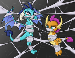 Size: 1700x1300 | Tagged: safe, artist:nivek15, princess ember, smolder, dragon, g4, arm behind back, dragoness, duo, female, gag, hands behind back, spider web, tied up, web gag