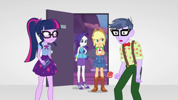 Size: 1920x1080 | Tagged: safe, screencap, applejack, micro chips, rarity, sci-twi, twilight sparkle, equestria girls, equestria girls specials, g4, my little pony equestria girls: better together, my little pony equestria girls: rollercoaster of friendship, boots, clothes, glasses, high heel boots, shoes, uniform