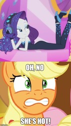Size: 500x879 | Tagged: safe, edit, edited screencap, screencap, applejack, rarity, equestria girls, equestria girls series, the other side, bare shoulders, clothes, cropped, dialogue, female, imgflip, implied lesbian, implied rarijack, implied shipping, meme, oh no he's hot, parody, sexy, sleeveless, spongebob squarepants, squilliam returns, strapless, text, unitard