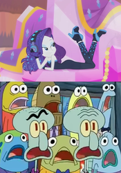 Size: 1001x1433 | Tagged: source needed, safe, edit, edited screencap, screencap, rarity, equestria girls, g4, my little pony equestria girls: better together, the other side, bare shoulders, crossover, female, hamana, headphones, male, nickelodeon, parody, sexy, shocked, sleeveless, spongebob squarepants, squidward tentacles, squilliam fancyson, squilliam returns, strapless, unitard