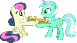 Size: 5380x3000 | Tagged: safe, artist:cloudy glow, artist:parclytaxel, bon bon, lyra heartstrings, sweetie drops, earth pony, pony, unicorn, g4, the break up breakdown, .ai available, absurd resolution, best friends, female, holding a present, mare, present, simple background, transparent background, vector