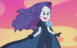 Size: 1141x720 | Tagged: safe, screencap, rarity, equestria girls, equestria girls series, g4, the other side, cape, clothes, female, open mouth, pauldron, smiling, solo, windswept hair