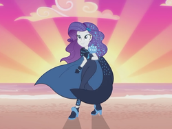 Size: 960x720 | Tagged: safe, screencap, rarity, equestria girls, equestria girls series, g4, the other side, beach, cape, clothes, cropped, female, high heels, pauldron, shoes, smiling, sunset