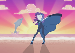 Size: 1017x720 | Tagged: safe, screencap, rarity, dolphin, equestria girls, equestria girls series, g4, the other side, beach, cape, clothes, eyes closed, female, gloves, high heels, pauldron, shoes, smiling, sunset