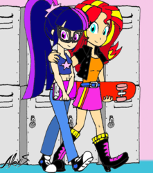 Size: 736x833 | Tagged: safe, artist:allexxiss, sci-twi, sunset shimmer, twilight sparkle, equestria girls, g4, alternate clothes, book, female, human coloration, lesbian, looking at you, request, requested art, ship:sci-twishimmer, ship:sunsetsparkle, shipping, shoes, skateboard, sneakers