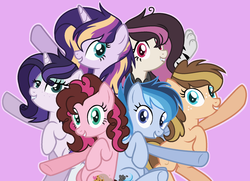 Size: 1952x1412 | Tagged: safe, artist:geekcoffee, artist:katie-mlp-bases, oc, oc only, oc:amethyst, oc:bluish sky, oc:butterfly, oc:cookie rose, oc:starry dawn, oc:sweet apple, earth pony, pegasus, pony, unicorn, base used, digital art, eyeshadow, female, freckles, geekyverse, group, interspecies offspring, magical lesbian spawn, makeup, mare, mascara, next generation, offspring, parent:applejack, parent:caramel, parent:cheese sandwich, parent:discord, parent:fluttershy, parent:pinkie pie, parent:rainbow dash, parent:rarity, parent:soarin', parent:spike, parent:starlight glimmer, parent:sunset shimmer, parent:trixie, parent:twilight sparkle, parents:carajack, parents:cheesepie, parents:discoshy, parents:soarindash, parents:sparity, parents:sunsetsparkle, pink background, raised hoof, simple background, wall of tags
