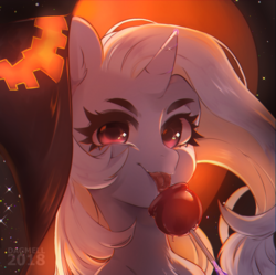 Size: 1280x1277 | Tagged: safe, artist:dagmell, trixie, pony, g4, apple, candy apple, female, food, halloween, hat, holiday, licking, smiling, solo, tongue out, witch hat