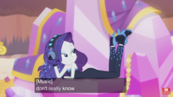 Size: 1334x750 | Tagged: safe, screencap, rarity, equestria girls, equestria girls series, g4, the other side, ass, bare shoulders, bodysuit, boots, butt, female, headphones, high heel boots, high heels, legs, looking back, rearity, shoes, solo, subtitles