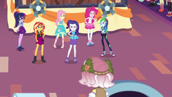 Size: 1920x1080 | Tagged: safe, screencap, fluttershy, pinkie pie, rainbow dash, rarity, sci-twi, sunset shimmer, twilight sparkle, vignette valencia, equestria girls, equestria girls specials, g4, my little pony equestria girls: better together, my little pony equestria girls: rollercoaster of friendship, female, geode of empathy, geode of fauna, geode of sugar bombs, geode of super speed, geode of telekinesis, magical geodes, rarity peplum dress, sandals, shoes, sneakers