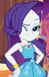 Size: 693x1078 | Tagged: safe, screencap, rarity, equestria girls, equestria girls specials, g4, my little pony equestria girls: better together, my little pony equestria girls: rollercoaster of friendship, cropped, cute, female, geode of shielding, one eye closed, raribetes, rarity peplum dress, solo, wink