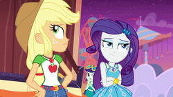 Size: 1920x1080 | Tagged: safe, screencap, applejack, blueberry cake, rarity, equestria girls, equestria girls series, g4, rollercoaster of friendship, background human, crossed arms, female, geode of shielding, geode of super strength, magical geodes