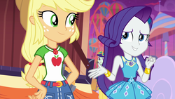 Size: 1920x1080 | Tagged: safe, screencap, applejack, blueberry cake, rarity, equestria girls, equestria girls series, g4, rollercoaster of friendship, geode of shielding, geode of super strength