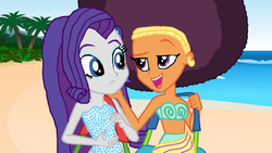 Size: 1024x576 | Tagged: safe, artist:cookiechans2, artist:ktd1993, rarity, saffron masala, equestria girls, g4, afro, beach, clothes, equestria girls-ified, female, lesbian, raffron, shipping, swimsuit