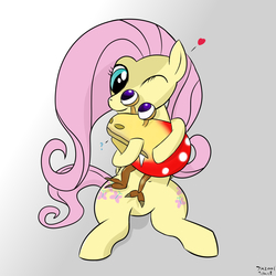 Size: 2000x2000 | Tagged: safe, artist:tazool, fluttershy, bulborb, pegasus, pony, g4, affection, both cutie marks, confused, cute, eyelashes, female, folded wings, heart, high res, holding, hug, mare, one eye closed, pikmin (series), question mark, simple background, sitting, smiling, wings, wink