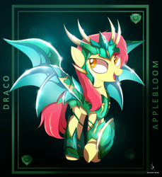 Size: 3840x4200 | Tagged: safe, artist:zidanemina, apple bloom, earth pony, pony, g4, armor, black background, crossover, draco, female, filly, looking at you, older, older apple bloom, saint seiya, simple background, solo