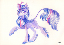 Size: 1203x849 | Tagged: safe, artist:maytee, twilight sparkle, kirin, g4, sounds of silence, cloven hooves, colored pencil drawing, female, kirin twilight, kirin-ified, looking at you, raised hoof, smiling, solo, species swap, traditional art