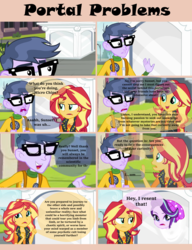 Size: 4400x5720 | Tagged: safe, micro chips, starlight glimmer, sunset shimmer, equestria girls, equestria girls specials, g4, my little pony equestria girls: better together, my little pony equestria girls: mirror magic, absurd resolution, beanie, clothes, comic, female, geode of empathy, hat, magical geodes, male, portal