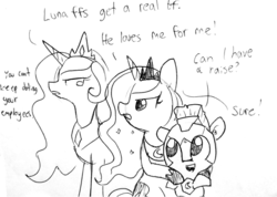 Size: 1280x913 | Tagged: safe, artist:tjpones, princess celestia, princess luna, alicorn, pony, g4, black and white, dialogue, female, gold digger, grayscale, lineart, male, mare, monochrome, royal guard, royal sisters, simple background, sketch, stallion, traditional art, white background