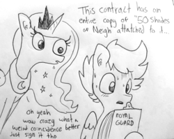 Size: 1280x1019 | Tagged: safe, artist:tjpones, princess luna, alicorn, pegasus, pony, g4, blushing, clipboard, contract, dialogue, ear fluff, female, lineart, male, mare, monochrome, royal guard, simple background, sketch, stallion, sweatdrop, traditional art, white background