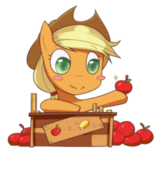 Size: 1280x1343 | Tagged: safe, artist:figgot, applejack, earth pony, pony, g4, apple, apple stand, bits, blush sticker, chibi, cowboy hat, cute, daaaaaaaaaaaw, female, food, freckles, fruit stand, hat, herbivore, hoof hold, jackabetes, looking at something, mare, simple background, smiling, solo, transparent background